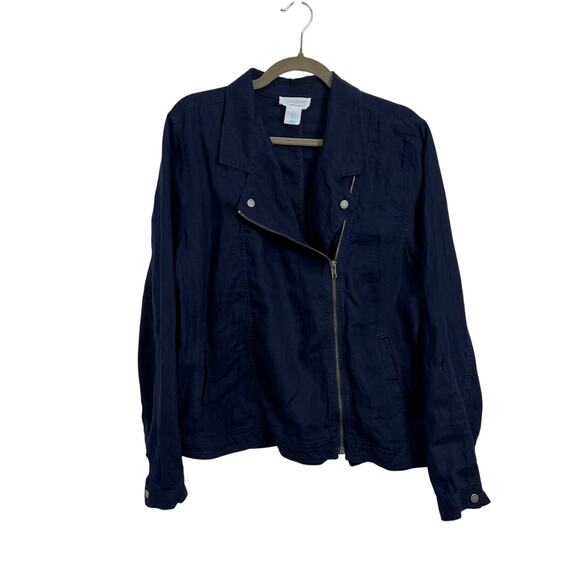 Cynthia Rowley Navy Blue Linen Jacket Moto Women's Size Large - Picture 1 of 6